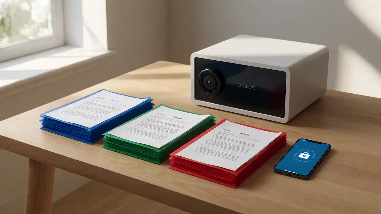 Documentos organizados en carpetas de colores junto a una caja fuerte y un teléfono inteligente sobre una mesa limpia.
