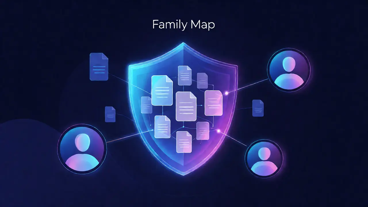 Ilustración conceptual de documentos protegidos por un escudo digital conectado a usuarios familiares.